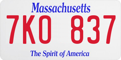 MA license plate 7KO837