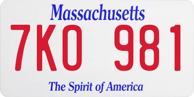 MA license plate 7KO981