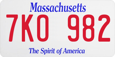 MA license plate 7KO982