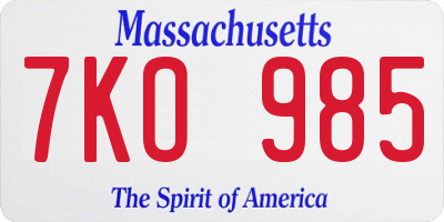 MA license plate 7KO985