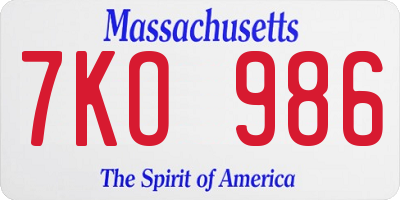 MA license plate 7KO986