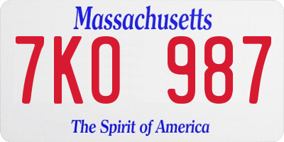 MA license plate 7KO987