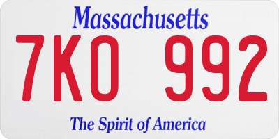 MA license plate 7KO992