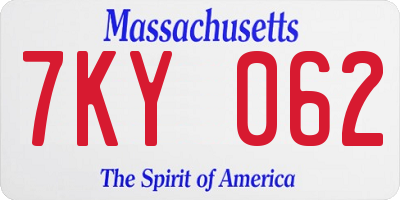 MA license plate 7KY062