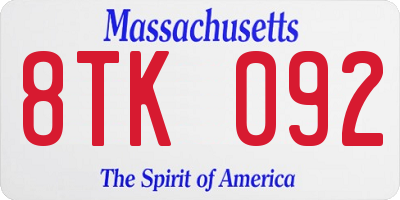 MA license plate 8TK092