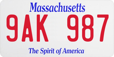 MA license plate 9AK987