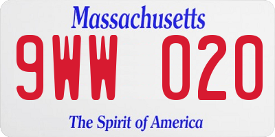 MA license plate 9WW020