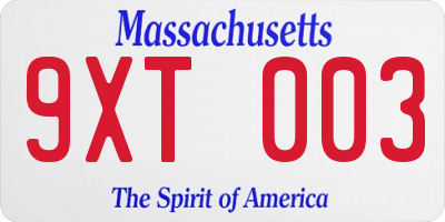 MA license plate 9XT003