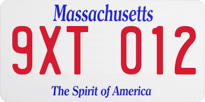MA license plate 9XT012