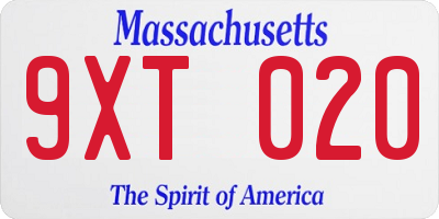 MA license plate 9XT020