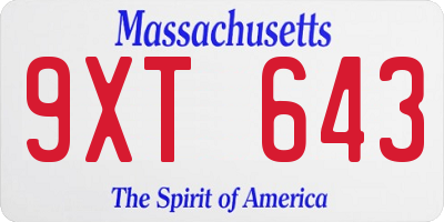 MA license plate 9XT643