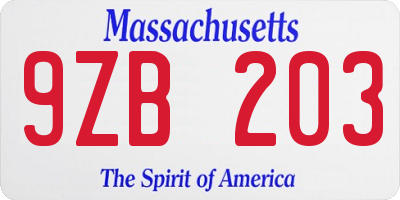 MA license plate 9ZB203