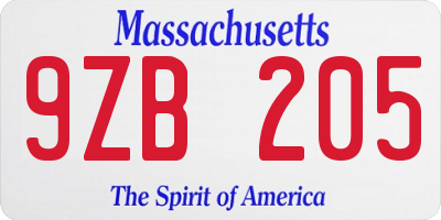 MA license plate 9ZB205