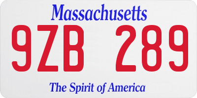 MA license plate 9ZB289