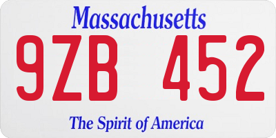 MA license plate 9ZB452
