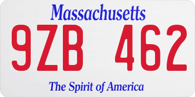 MA license plate 9ZB462