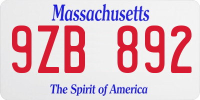 MA license plate 9ZB892