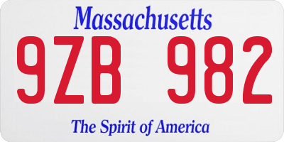 MA license plate 9ZB982