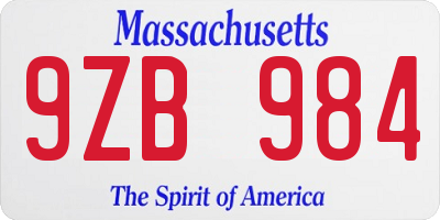 MA license plate 9ZB984