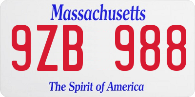 MA license plate 9ZB988