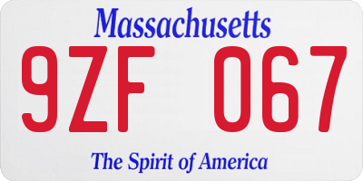 MA license plate 9ZF067