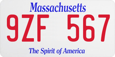 MA license plate 9ZF567