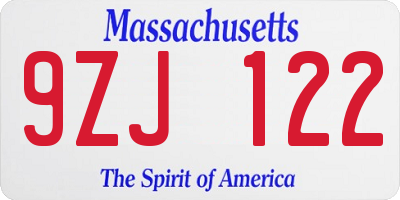 MA license plate 9ZJ122