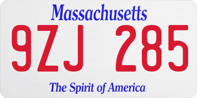 MA license plate 9ZJ285