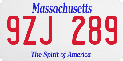 MA license plate 9ZJ289