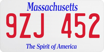 MA license plate 9ZJ452