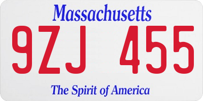 MA license plate 9ZJ455