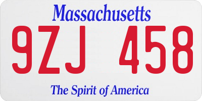 MA license plate 9ZJ458