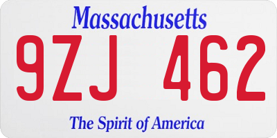 MA license plate 9ZJ462