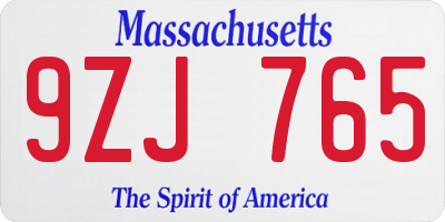 MA license plate 9ZJ765