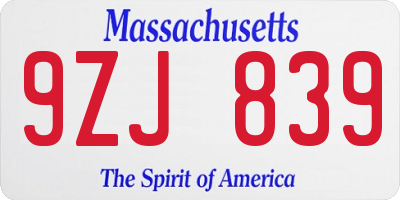 MA license plate 9ZJ839