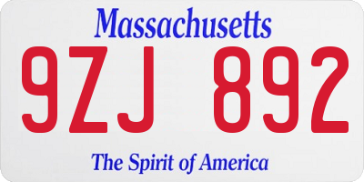 MA license plate 9ZJ892