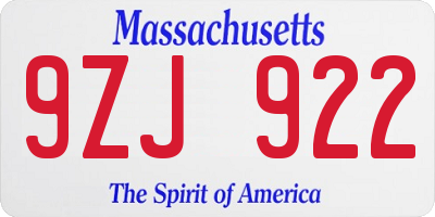 MA license plate 9ZJ922