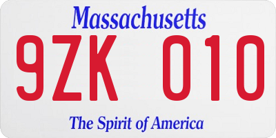 MA license plate 9ZK010