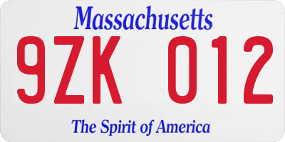 MA license plate 9ZK012