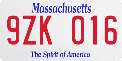 MA license plate 9ZK016