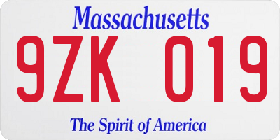 MA license plate 9ZK019