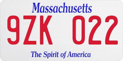 MA license plate 9ZK022