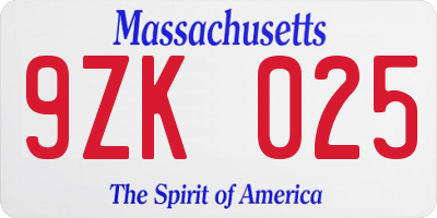 MA license plate 9ZK025