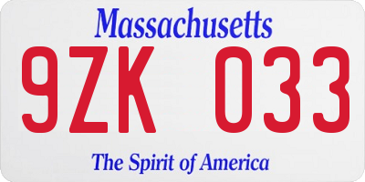 MA license plate 9ZK033