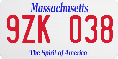 MA license plate 9ZK038