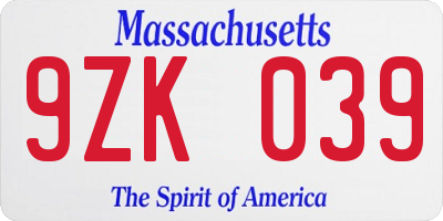 MA license plate 9ZK039