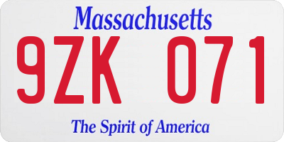 MA license plate 9ZK071