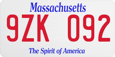 MA license plate 9ZK092