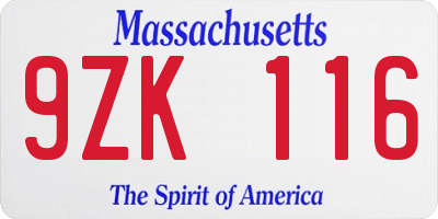 MA license plate 9ZK116
