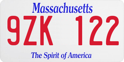 MA license plate 9ZK122